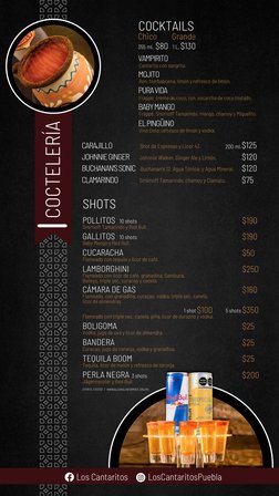 Los Cantaritos
LosCantaritosPuebla
COCTELERÍA
COCKTAILS
SHOTS
$130
$80
Grande
Chico
1 L.
355 ml.
$125
$120
$120
$75
200 ml.
1