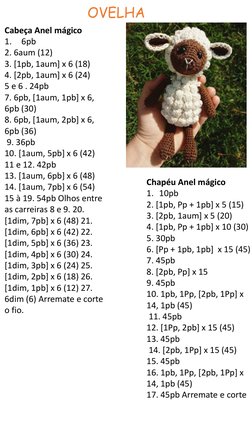 OVELHA
Cabeça Anel mágico 
1.
6pb 
2. 6aum (12) 
3. [1pb, 1aum] x 6 (18) 
4. [2pb, 1aum] x 6 (24) 
5 e 6 . 24pb 
7. 6pb, [1au