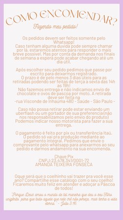 Os pedidos devem ser feitos somente pelo
Whatsapp!
Caso tenham alguma duvida pode sempre chamar
por lá, estaremos atentos par