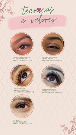 tecnicas
e valores
VOLUME BRASILEIRO
VALOR: R$120,00 
MANUTENÇÃO: R$75,00
LIFTING DE CILIOS 
VALOR R$ 100
NÃO TEM MANUTENÇÃO