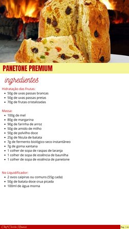 PANETONE PREMIUM
ingredientes
Hidratação das Frutas:
50g de uvas passas brancas
50g de uvas passas pretas
70g de frutas crist