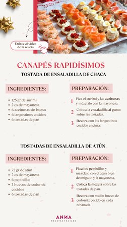 INGREDIENTES:
PREPARACIÓN:
Enlace al vídeo de la receta
PREPARACIÓN:
CANAPÉS RAPIDÍSIMOS
125 gr de surimi
2 cs de mayonesa
12