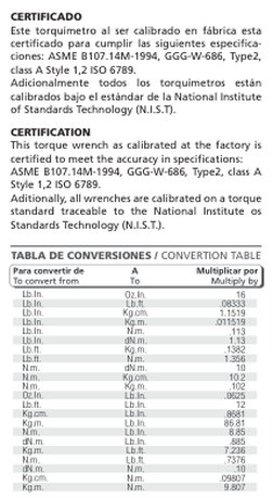 TABLA DE CONVERSIONES / CONVERTION TABLE
Lb.In.
Lb.In.
Lb.In.
Lb.In.
Lb.In.
Lb.In.
Lb.ft.
Lb.ft.
N.m.
N.m.
N.m.
Oz.In.
Lb.ft.