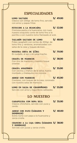 lomo saltado
Clásico con 200gr. de lomo ﬁno, servido 
con arroz y papas fritas
fetuccini a la huancaína 
Cremosa pasta a la h