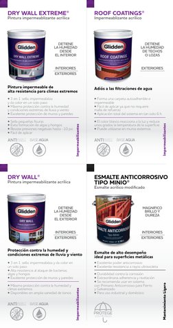 Pintura impermeabilizante acrílica
DRY WALL®
DETIENE
LA HUMEDAD
DESDE
EL EXTERIOR
INTERIORES
EXTERIORES
• 3 en 1: sella, impe