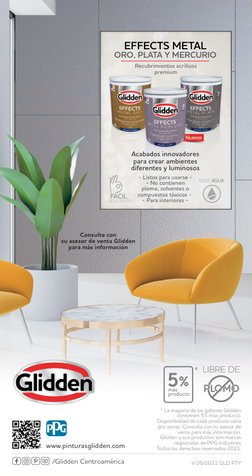 * La mayoría de los galones Glidden 
contienen 5% más producto. 
Disponibilidad de cada producto varía
por zonas. Consulta co