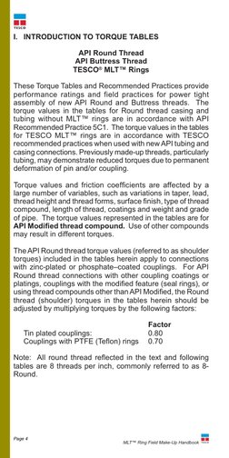 MLT™ Ring Field Make-Up Handbook  
Page 4
I.	 INTRODUCTION TO TORQUE TABLES 
API Round Thread
API Buttress Thread
TESCO® MLT™