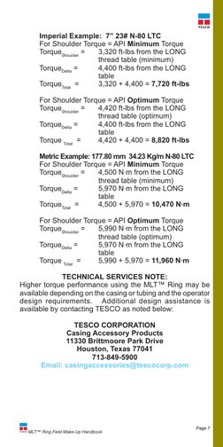 MLT™ Ring Field Make-Up Handbook	
Page 7
Imperial Example:  7” 23# N-80 LTC  
For Shoulder Torque = API Minimum Torque 
Torq