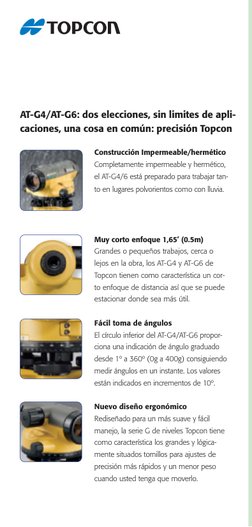 AT-G4/AT-G6: dos elecciones, sin limites de apli-
caciones, una cosa en común: precisión Topcon
Construcción Impermeable/herm