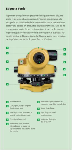 6
3
2
1
4
1
2
3
4
5
Etiqueta Verde
Topcon se enorgullece de presentar la Etiqueta Verde. Etiqueta 
Verde representa el compro