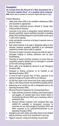 Examples: 
An excerpt from the Record of a Risk Assessment for a
“Corrosive Liquids Store” at a medium-sized company
Risk: Bu