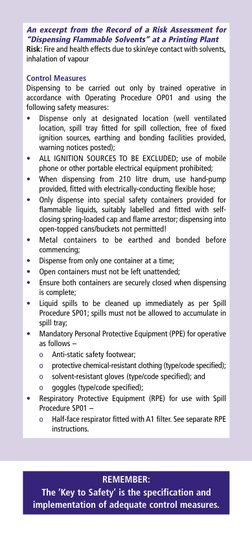 An excerpt from the Record of a Risk Assessment for
“Dispensing Flammable Solvents” at a Printing Plant
Risk: Fire and health