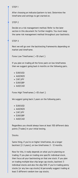 STEP 1
After choosing an indicator/pattern to test. Determine the
timeframe and settings to get started on. 
STEP 2
Decide on