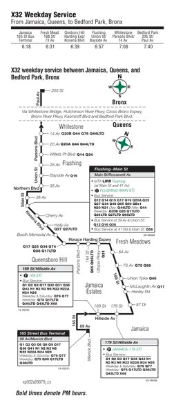 X32 Weekday Service
From Jamaica, Queens, to Bedford Park, Bronx
Jamaica
Fresh Mead
Qnsboro Hill
Flushing
Whitestone
Bedford