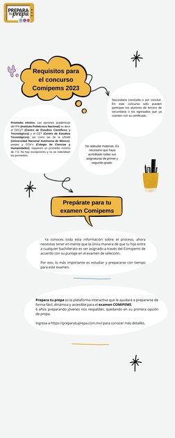 Requisitos para
el concurso
Comipems 2023

Secundaria concluida o por concluir.
En 
este 
concurso 
sólo 
pueden
partic