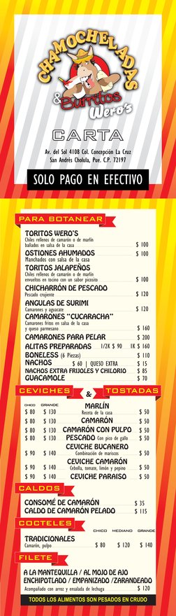 BONELESS
NACHOS
$ 110
$ 160
$ 200
(6 Piezas)
| QUESO EXTRA
$ 60
$ 85
$ 15
NACHOS EXTRA FRIJOLES Y CHILORIO
GUACAMOLE
$ 70
Man